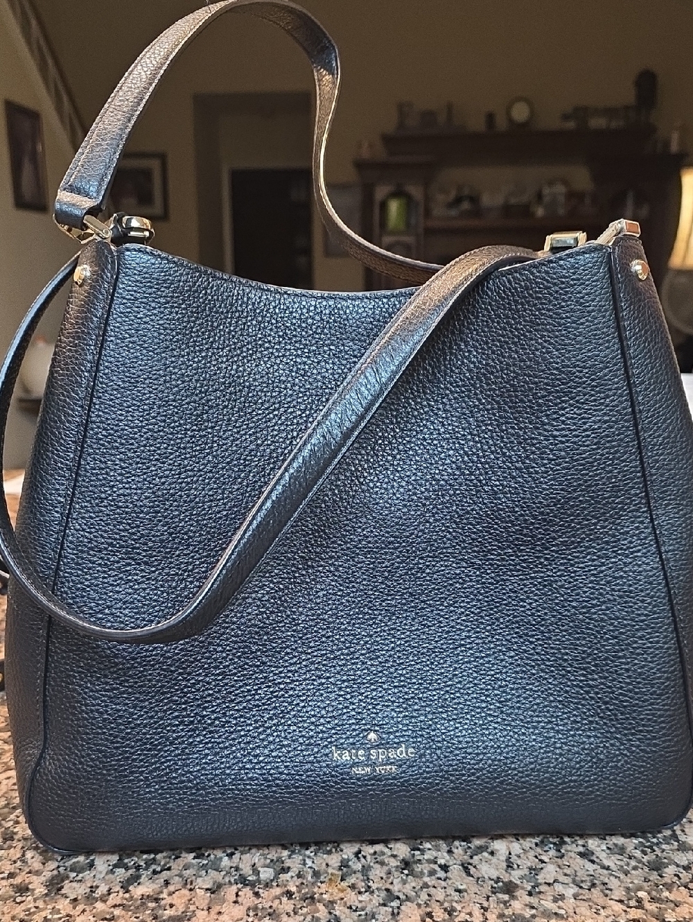kate spade Black Pebbled Leather Shoulder Hobo Bag with Gold Logo